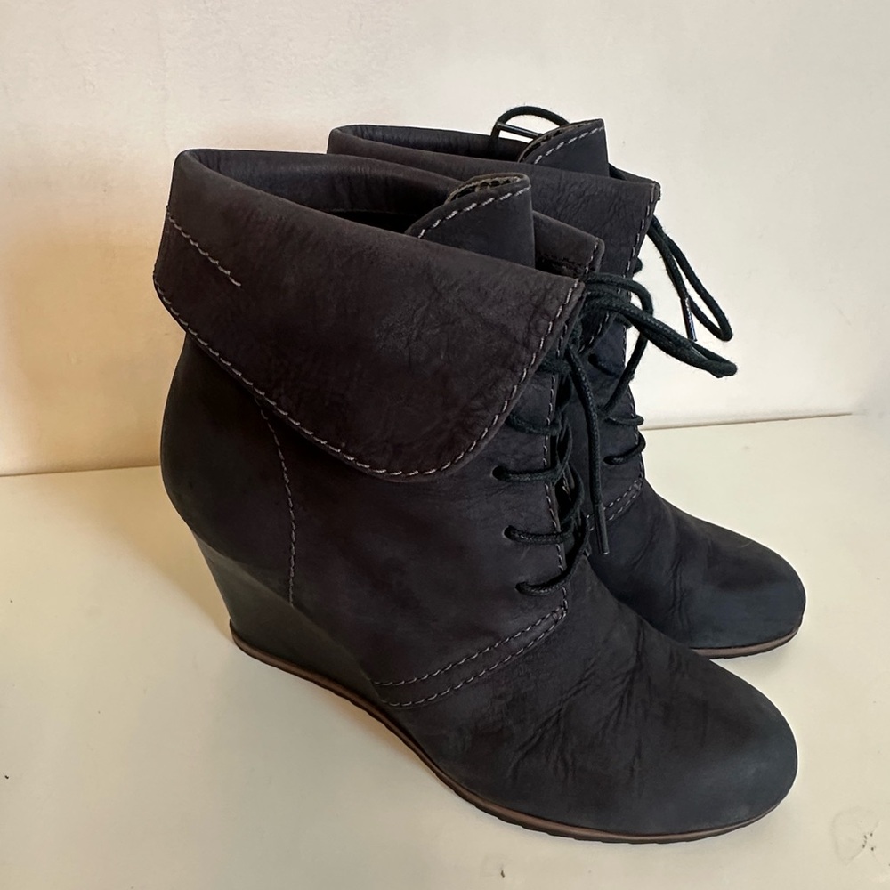 Navy Lace-Up Wedge Booties